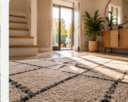 Tapis de salon vu en perspective dans une entrée lumineuse